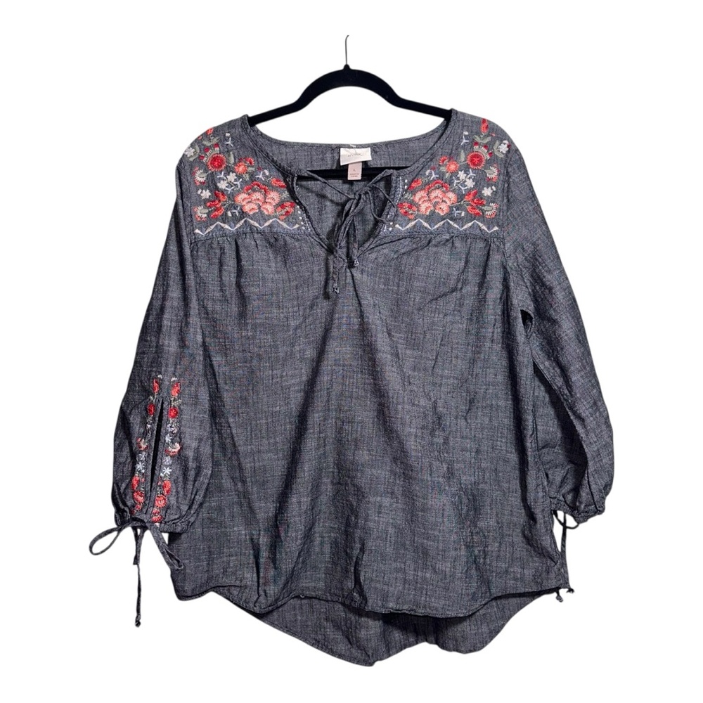 KNOX‎ ROSE Black Cotton-Lyocell Embroidered Boho Flowy Blouse Size Large Women’s